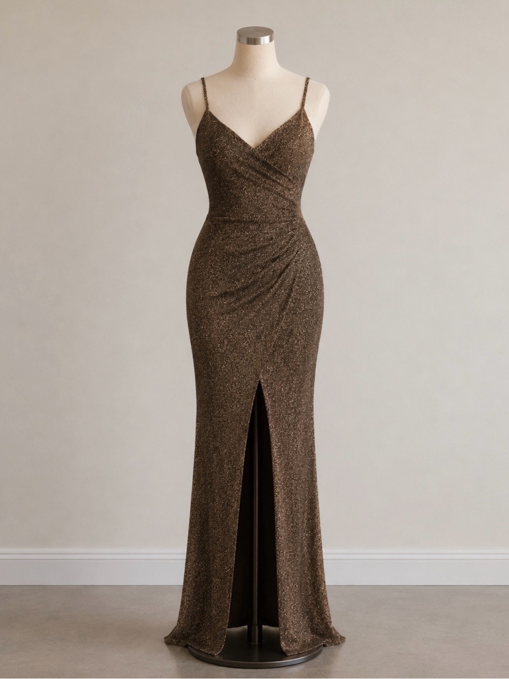 Black & Gold Sparkle Spaghetti-Strap Evening Gown